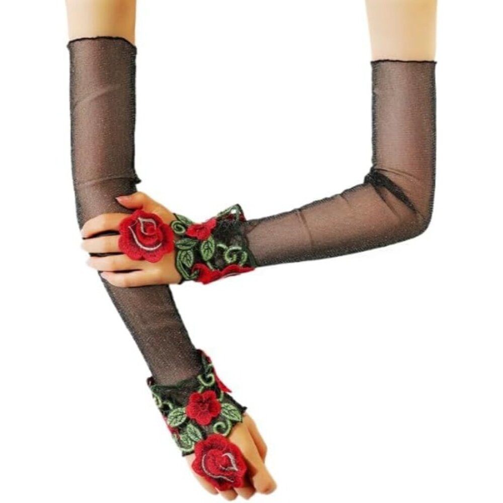 Women's A-K-Blue Flowers Embroidered Lace Gloves Cocktail Party Costumes - Picture 4 of 6